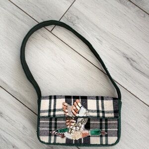 Anthropologie Fiona beaded shoulder bag Duck Goose Animal Green plaid